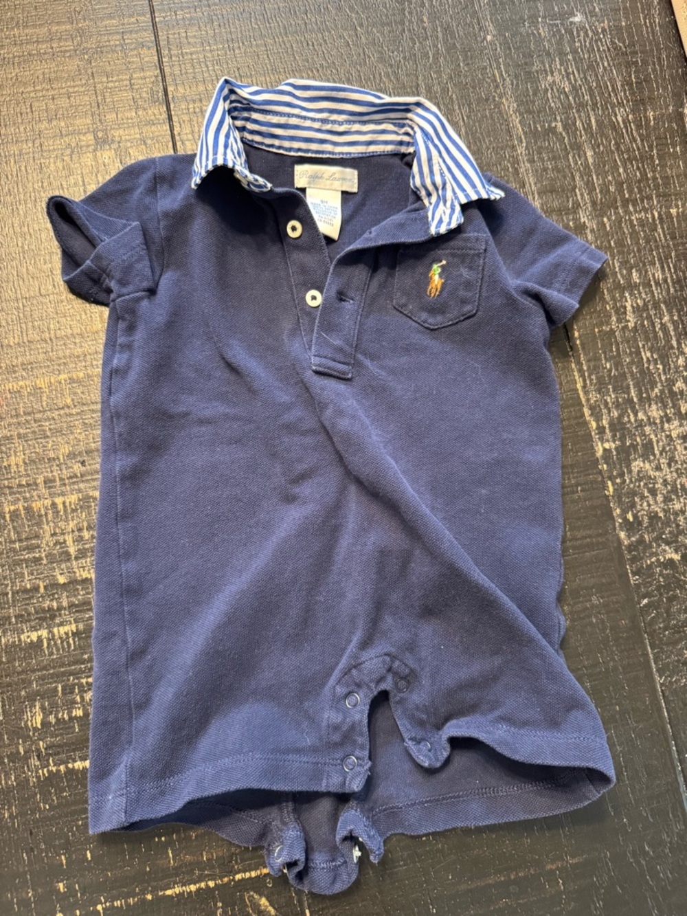 Ralph Lauren Navy Polo Romper with Striped Collar